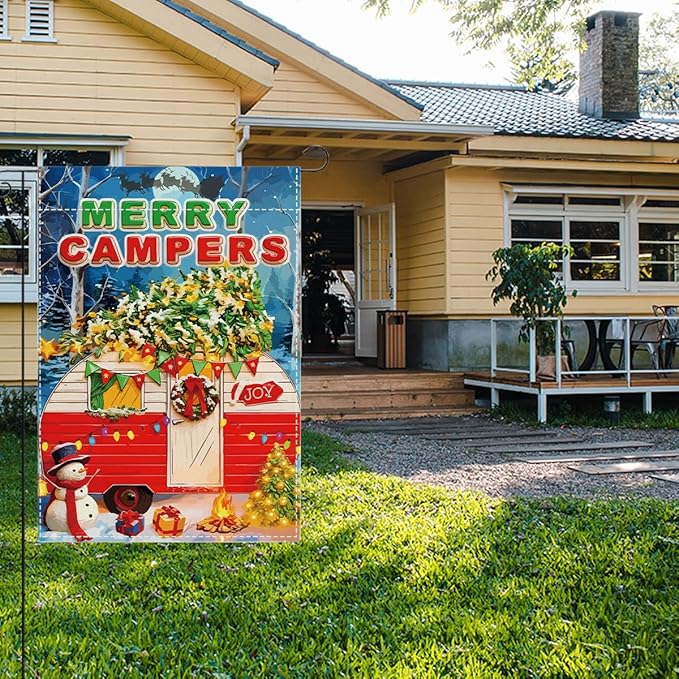 Merry Campers Christmas Garden Flag Xmas Winter Holiday Outside Outdoor Lawn Decorations Yard Flag Double Sided 12x18 Inch