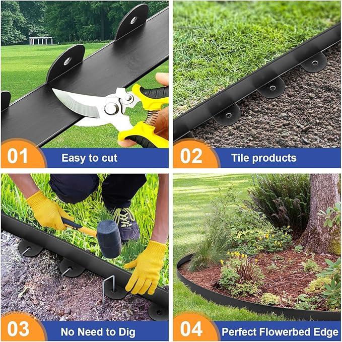 Landscape Edging, 2.0" x 60' Plastic Garden Edging with 60 Pcs Metal Spikes, Flexible Garden Border for Lawn, Landscaping, Flower Beds