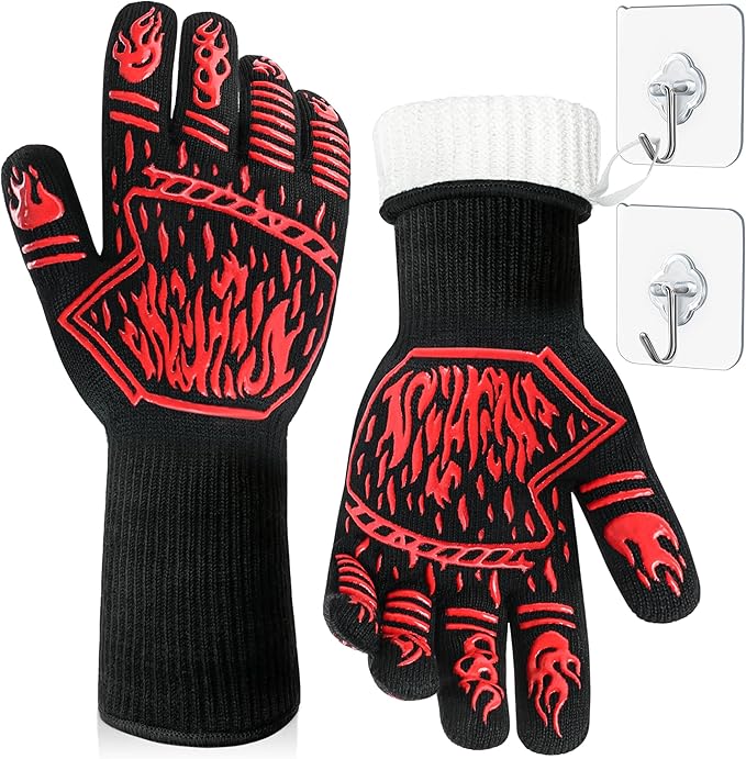 BBQ Gloves, 1472°F Heat-Resistant and Anti Slip Long Grilling Gloves, One Size Fits All, Gift Two Hooks, Excellent Hand and Wrist Protection in The Kitchen/Fireplace/Griddle/Smoker/Fire Pit
