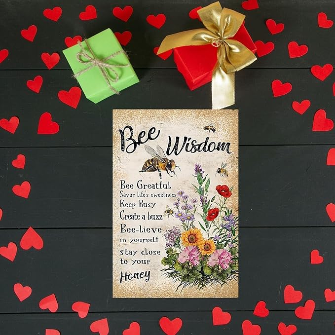 Funny Flowers Metal Poster, Country Rustic Tin Sign, Sunflowers Bee Wisdom, Yard Garage Farm Outside Garden Wall Decor Plaque Outdoor for Home Fence 8 X 12 Inch