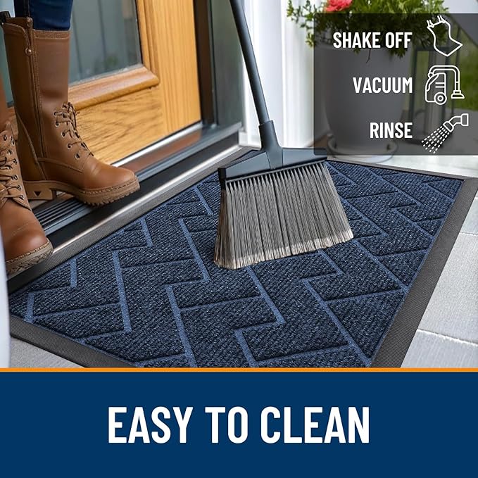 OLANLY Front Door Mat Indoor Outdoor Entrance, Waterproof All-Season, All-Weather Doormat, Sturdy Natural Rubber, Low Profile, Easy Clean Patio Porch Entryway Mat, Herringbone Brick (Blue, 47x17)