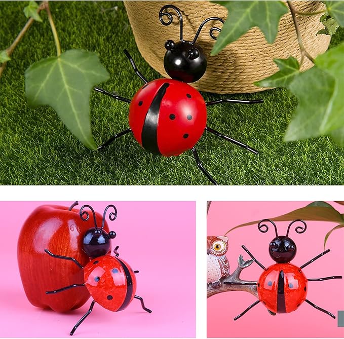 MACLARONX Metal Ladybugs Garden Fence Yard Art Decor 3D Bulk Cute Ladybirds Wall Sculpture Rustic Outdoor Patio Figurines Backyard Ornaments for Home Decorations (Set of 5)