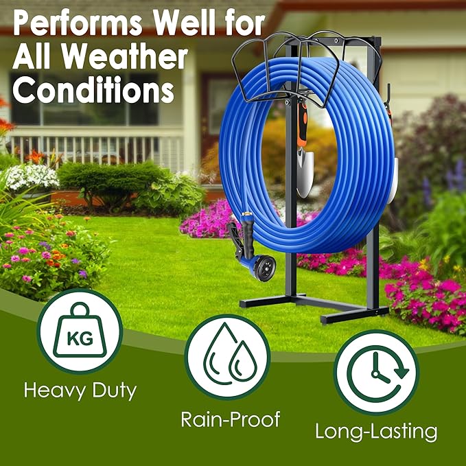 Garden Hose Holder, Heavy Duty Water Hose Holders, Sturdy Metal Hose Stand, Hose Organizer, Water Hose Hanger Rack, Hose Reel Storage Stake hold 150Ft Water Hoses, for Patio, Lawn, Garden