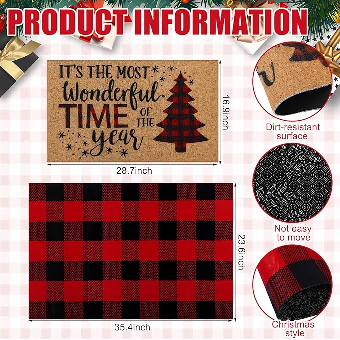Tinideya 2 Pcs Christmas Tree Door Mat Welcome Non Slip Coir Mats Merry Xmas Black Red Buffalo Plaid Floor Layering Doormats Seasonal for Front Porch Entryway Decor(Christmas Tree)