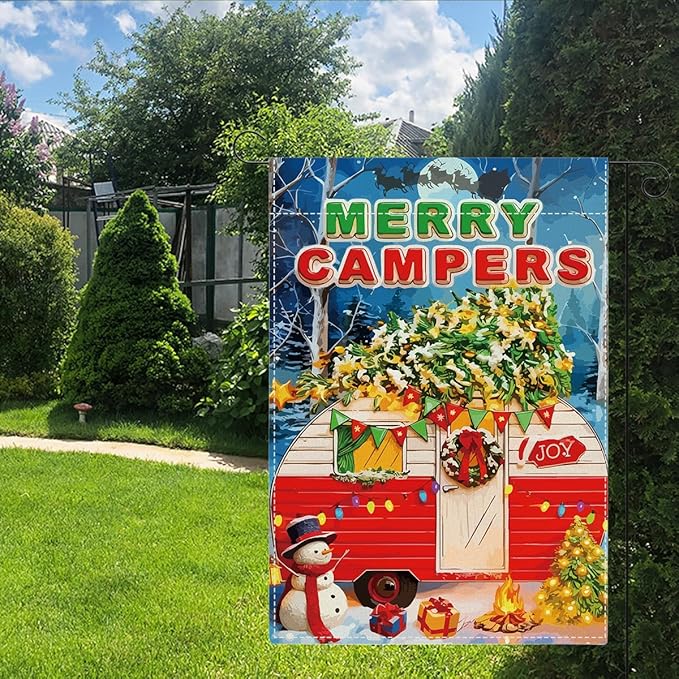 Merry Campers Christmas Garden Flag Xmas Winter Holiday Outside Outdoor Lawn Decorations Yard Flag Double Sided 12x18 Inch