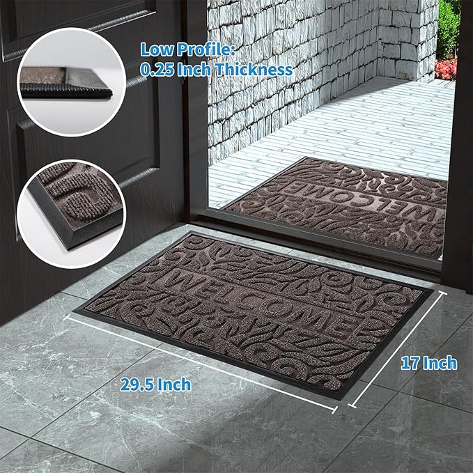 Yimobra Welcome Mat Outdoor 29.5x17, Waterproof Non-Slip Outdoor Mats for Front Door Outside Entrance, Low-Profile Entryway Mat Indoor for Garage Patio, Brown