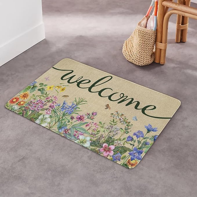 Welcome Floral Decor Doormat, Home Spring Summer Flower Front Door Mats, Indoor Outdoor Non Slip Reusable Entrance Rug 17"x30"