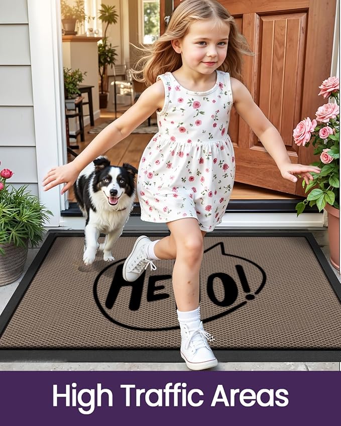 DEXI Front Door Mat Outside Entrance, Non Slip Dirt Trapper Doormat for Entryway, Heavy Duty Low Profile Floor Entry Mats Inside Decorative, 24x36, Hello Brown