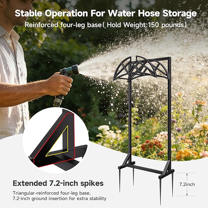 Garden Hose Holder, Heavy-Duty Metal Stand with Stable Base & 2 Tool Hooks, Freestanding Storage Rack for Outside, Holds 150ft – Hose Holders for Yard & Lawn