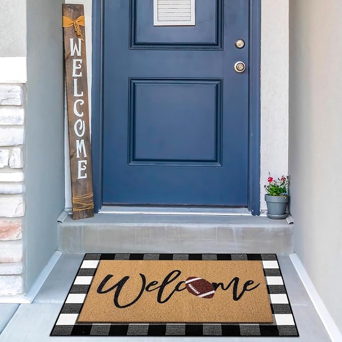 Tinideya 2 Pcs Football Door Mat Welcome Non Slip Coir Mats Funny Black White Buffalo Plaid Floor Layering Doormats Seasonal for Front Porch Entryway Decor(Football)