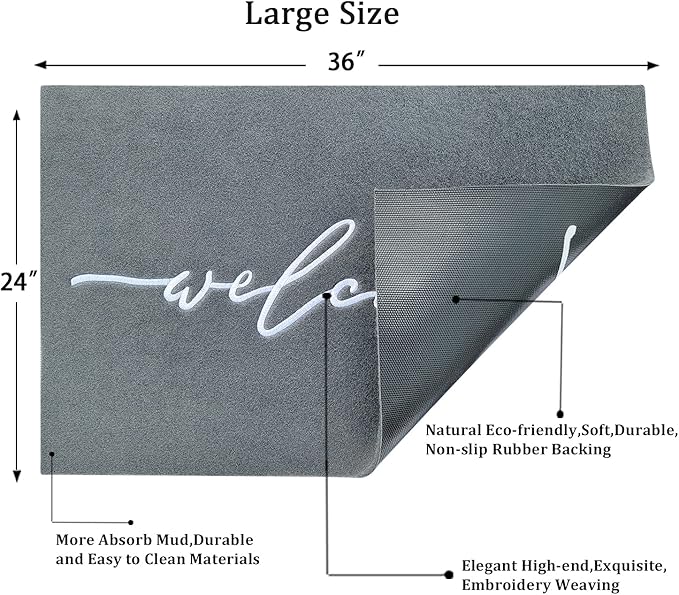 AAZZKANG Gray Doormat Outdoor Entrance Front Door Welcome Mat Large 24x36 with Non Slip Rubber Backing,Easy to Clean Indoor Mats for Entryway,Doorway