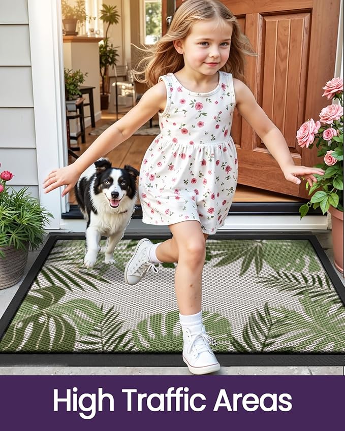 DEXI Front Door Mat Outside Entrance, Summer Tropical Leaves Plant Doormat, Non Slip Dirt Resist Heavy Duty Entry Mats for Entryway, 32x48, Olive Green