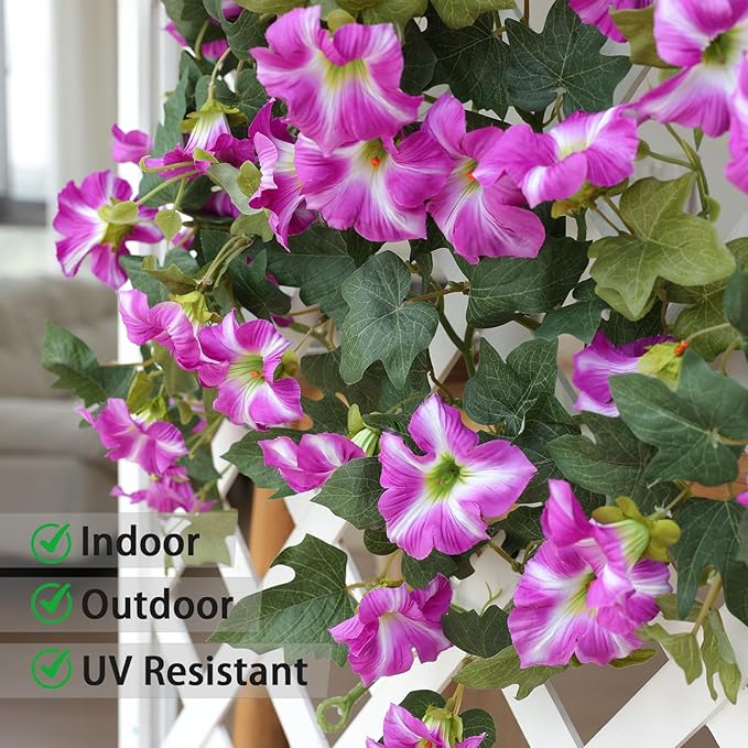mizii Artificial Petunias Flower Vines Garland 6 Feet Purple Faux Morning Glory Silk Flowers Garland UV Resistant Fake Hanging Vines Plants Decorations for Outdoor Garden Indoor Home Decor (Purple)