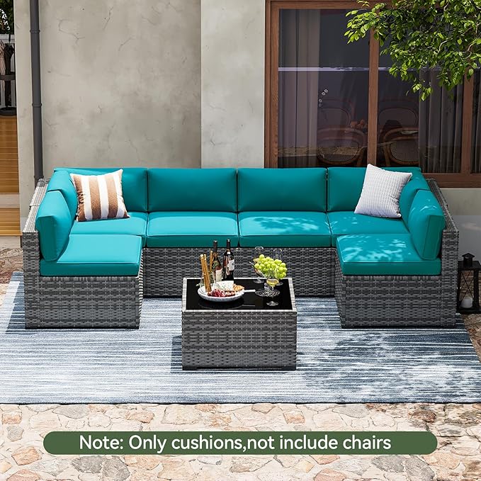 Aoxun Replacement Cushions for Outdoor Furniture, 14-Piece Outdoor Cushions for Patio Furniture, Deep Seat, Waterproof & Fade Resistant Couch Cushion for 6-Seat Patio Conversation Sets, Sky Blue