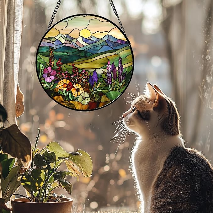 Stained Glass Window Hanging Purple Wildflowers Pastoral Scenery Large 11.8" - Suncatcher Door Garden Sun Catcher Home Decor Birthday Christmas for Mom Men Woman Friend