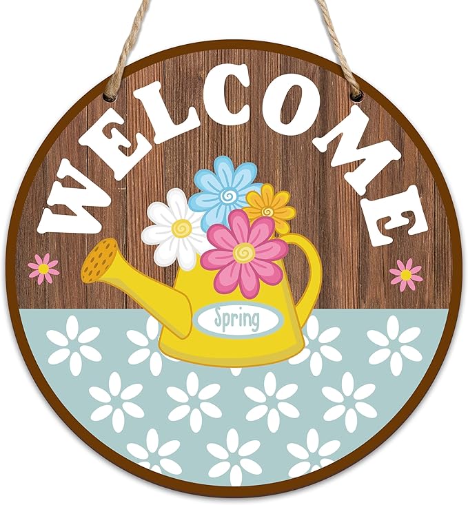 Spring Hanging Decor For Front Door, Watering Can With Flowers Welcome Spring Round Sign Decor For Farmhouse Home Yard Porch, Hello Spring Decorations, Spring Wall Plaque Gifts For Friends Family -02