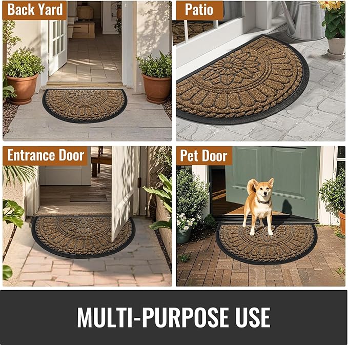 Mibao Front Door Mat Indoor Outdoor Entrance, Semicircular Entrance Mat, Half Round Waterproof Non-Slip Durable Rubber Doormat, Low Profile Heavy Duty Doormat for Garage, Patio, 30" x 18", Brown