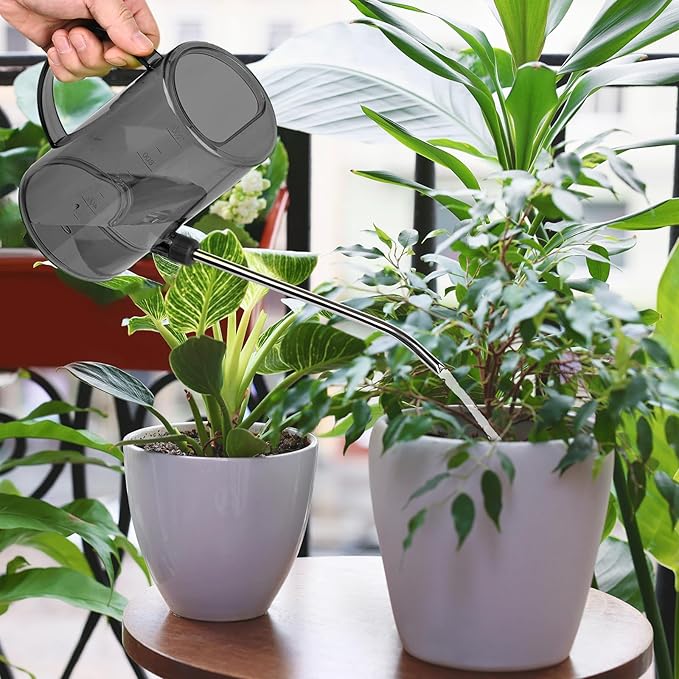 Small Plastic Watering Can - for Home Garden - with Long Spout - 1/4 Gallon - 34 Oz - Grey
