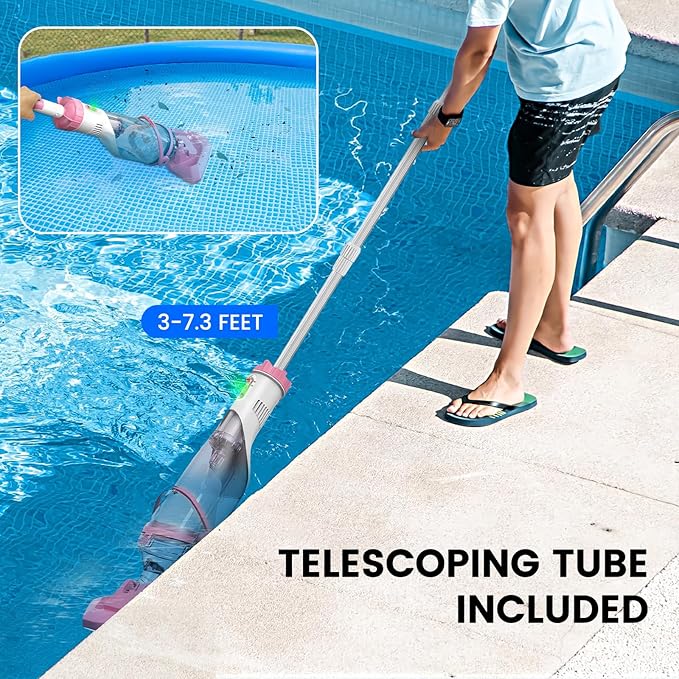 Enhulk Pool Vacuum for Above Ground Pool with a Telescopic Pole, Running time up to 1H, T403 Handheld Rechargeable Pool Cleaner with Powerful Suction up to 18.5 gallons/min, Ideal for Leaves, Debris