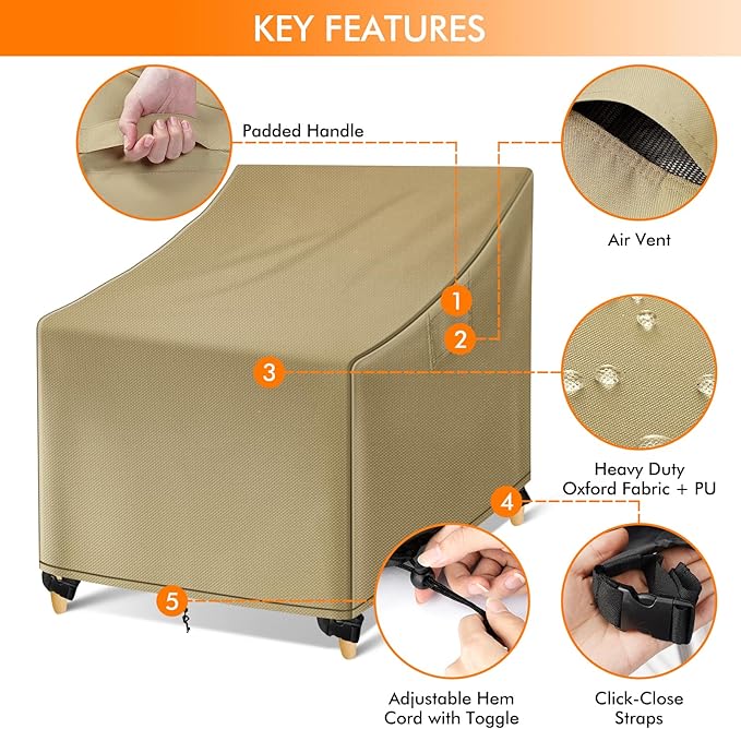 WLEAFJ Outdoor Chair Covers Waterproof, Khaki Lawn Patio Furniture Covers, Heavy Duty Wicker Garden Sofa Chair Cover, 2 Pack - 31.5" W x 33.5" D x 36" H