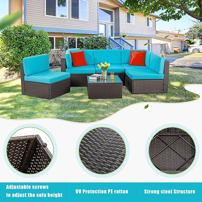 Vongrasig 7 Piece Patio Furniture Sets with 45 Inch Fire Pit Table All Weather PE Wicker Rattan Outdoor Sectional Sofa Couch Conversation Set w/Glass Table for Lawn, Garden, Backyard (Blue)