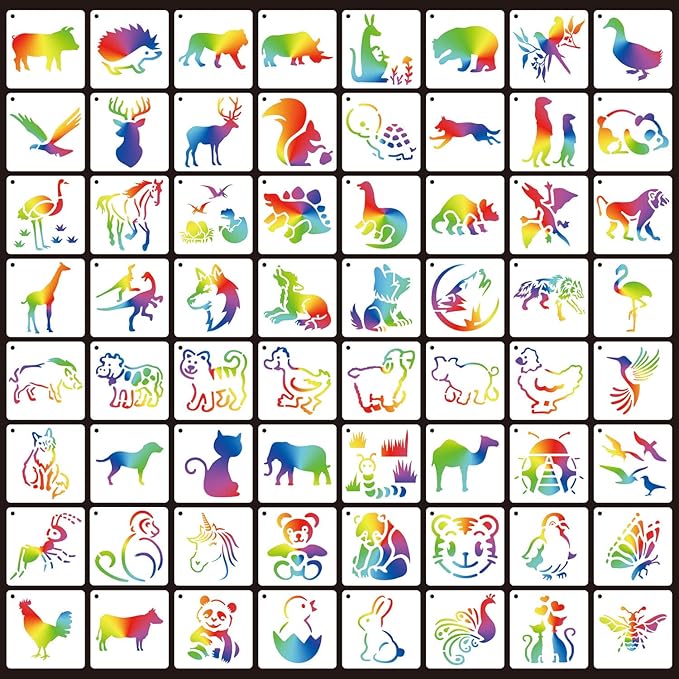 64 Pieces Stencils for Painting, Small Reusable Animal Stencil, Art Craft Template for Painting on Wood, Wall, Fabric, Rock, Chalkboard, Sign, DIY Art Scrapbook Projects(Animal)