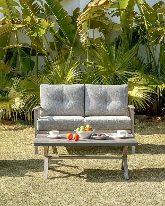 Patio Furniture Loveseat Sofa, Outdoor Aluminum Patio Couch with 5.9'' Soft Cushion, All-Weather 2 Seats Outdoor Furniture Sofa Couch for Garden, Poolside, Lawn, White Oak