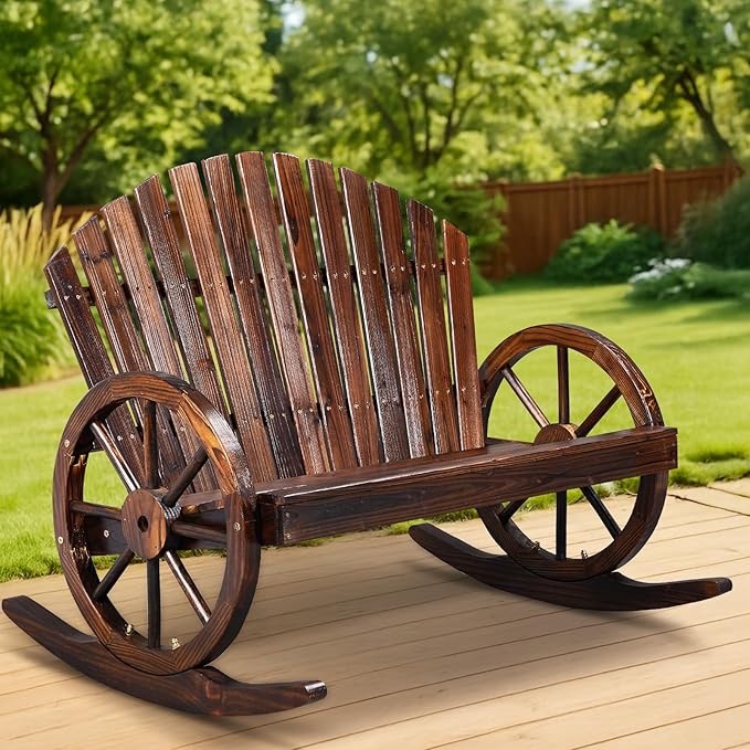 Outvita 2-Person Wood Rocking Chair, Fir Log Adirondack Rocker, Outdoor Wood Accent Furniture Lounge Chairs with Wheel Armrest for Garden Patio Backyard Porch (Carbonized Finish)