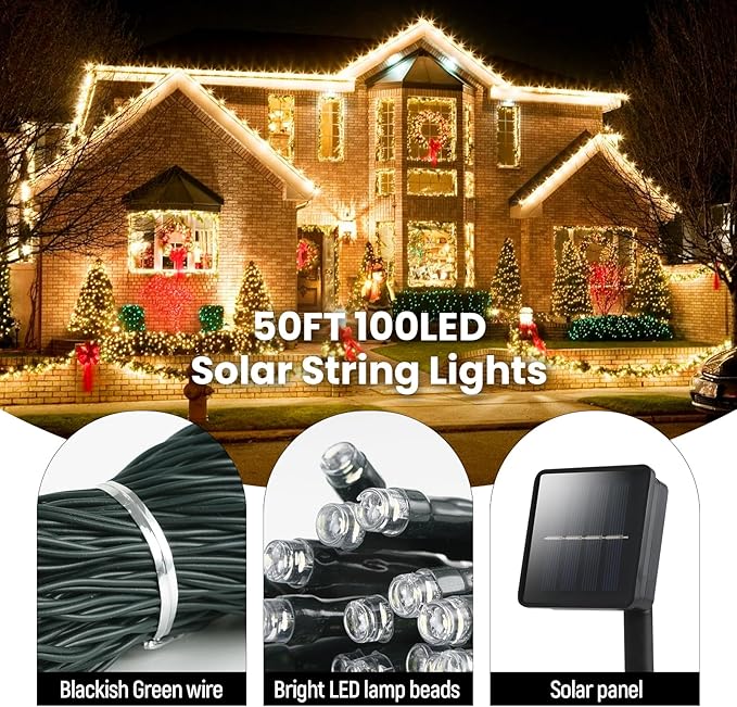 Dailyart Solar String Lights Outdoor, 2 Pack 100 LED (2 x 50FT) Solar Fairy Lights Waterproof IP44 with 8 Lighting Modes & Auto On/Off, 600mAh Battery Warm White for Garden Patio Yard Trees