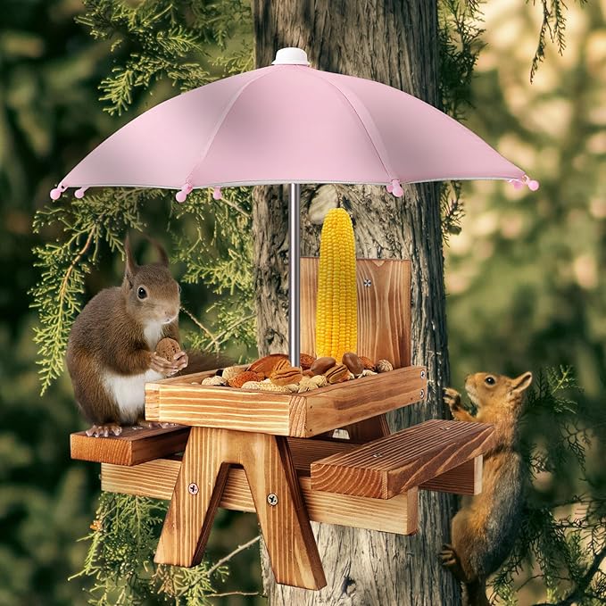 Gnodary Squirrel Feeder with Umbrella, Squirrel Feeders for Outside, Squirrel Picnic Table Feeder - Chipmunk Feeder Hold Corn, Corn Cob, Peanuts (Pink)