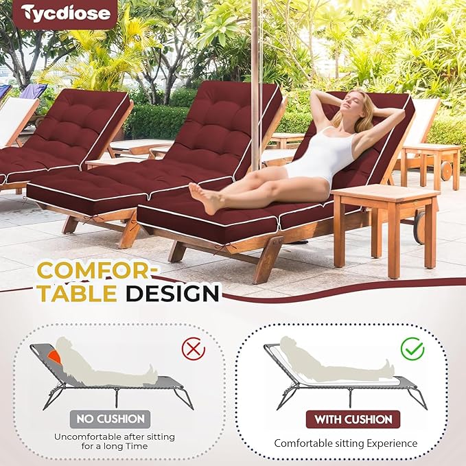 Outdoor Chaise Lounge Chair Cushion, Waterproof Non-Slip Patio Chaise Lounge Cushions for Outdoor Furniture, Thickened Patio Pool Lounger Chair Cushion, 76.4 x 22.8 x 4.7 Inches, Red