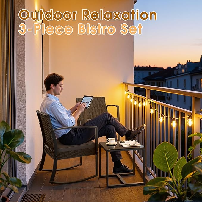 Greesum 3 Pieces Outdoor Furniture Set Patio Bistro Rocking Chairs with Glass Coffee Table for Pool Beach Backyard Balcony Porch Deck Garden, Gray