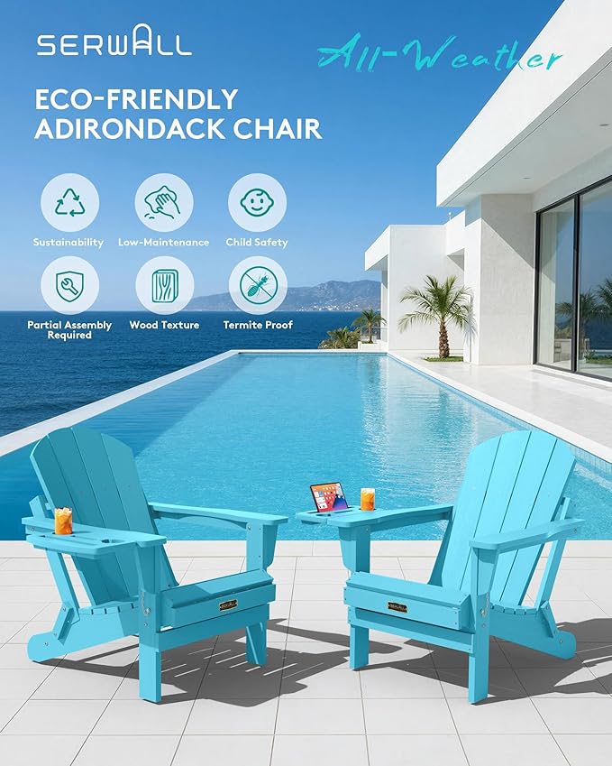 SERWALL Folding Adirondack Chair, Outdoor Adirondack Chairs with 4 in 1 Cup Holder, Wood Texture, Weather Resistant Plastic Patio Fire Pit Chairs for Garden, Backyard, Deck, Lawn - Light Blue