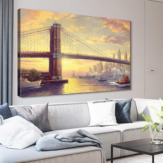 STUDIO HAVEN Thomas Kinkade Canvas Wall Art, Brooklyn Bridge NYC Skyline Golden Sunset Riverboats and Iconic Bridge Oil Painting Poster Landscape Wall Decor, Framed Prints for Home Decor, 16x12Inch