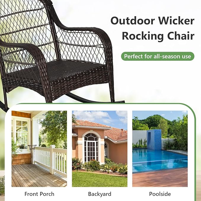 MEDIMALL Outdoor Wicker Rocking Chair, Patio Rattan Rocker w/Lumbar Pillow, Padded Seat & Back Cushions, Metal Frame, Mix Brown Wicker Furniture for Balcony, Porch, Deck, Backyard (Off White)