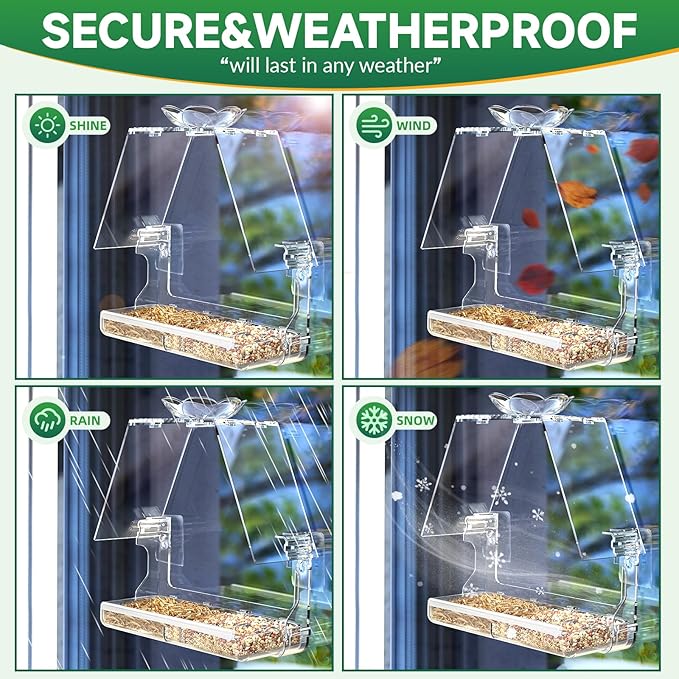 Large Window Bird Feeder with 2 Strong Suction Cups & 2 Non-Marking Adhesive Hooks, Clear View Bird Watching Gift for Bird Lovers & Cats, Bird House-Shaped Design Decor