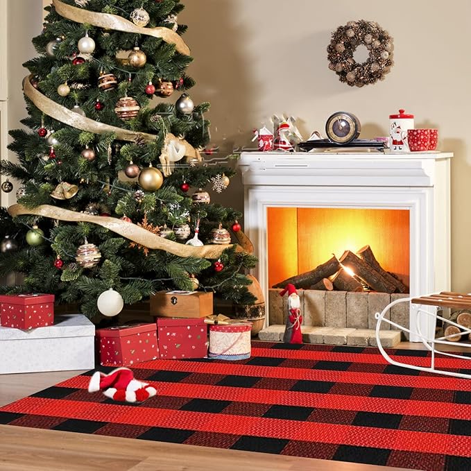 SEEKSEE Cotton Buffalo Plaid Rug 3'x5' Black and Red Checked Rug Washable Doormats Indoor Outdoor Rugs for Layered Front Door Mats, Porch, Kitchen, Farmhouse, Entryway