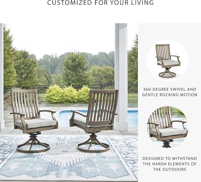 Signature Design by Ashley Rainier Ranch Contemporary Nuvella Weather Resistant Fabric Outdoor High Back Rocker Swivel Chair with Cushion, Set of 2, Light Brown & Beige