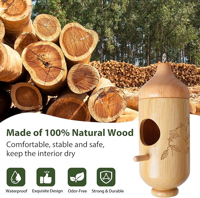 Hummingbird House, Wooden Hummingbird Houses for Outside Hanging, Nest Swinging, Wooden Bird Houses with Cotton, Bow, String, Gardening Gifts Decoration (1 Pack)