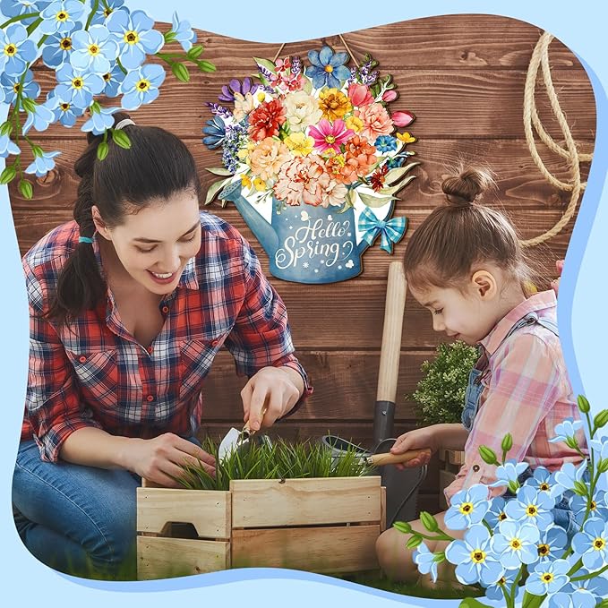 Juexica Hello Spring Door Sign, Flower Door Hanger Wreath, Wooden Hanging Decor, Rustic Welcome Sign for Front Porch, Wall, Pediments Decorations, Floral