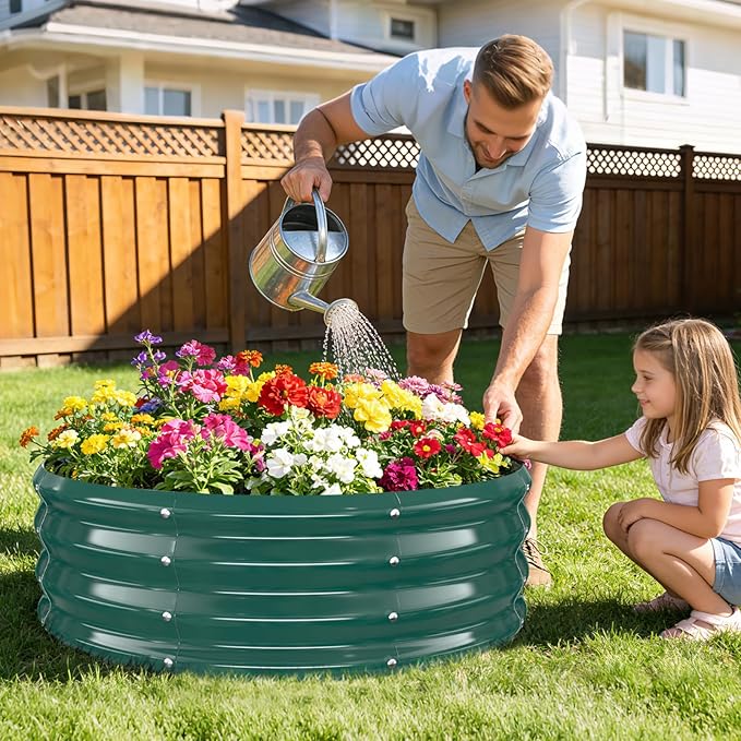 12 Inch Tall Heavy-Duty Round Steel Rised Garden Bed – Wave-Shaped Design Galvanized Metal Planter Box for Vegetables Flowers Succulent at Patio/Garden Outdoor (Green, 36" Diameter)