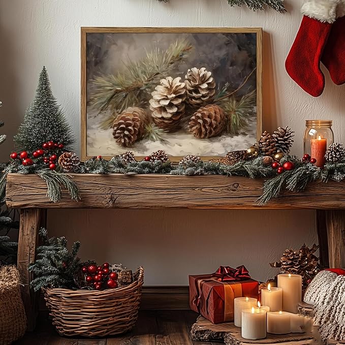Framed Vintage Christmas Canvas Wall Art, Pine Cones Wall Decor Paintings, Winter Holiday Aesthetic Pictures Prints Rustic Home Decor for Living Room Bedroom Farmhouse 12×16 inch