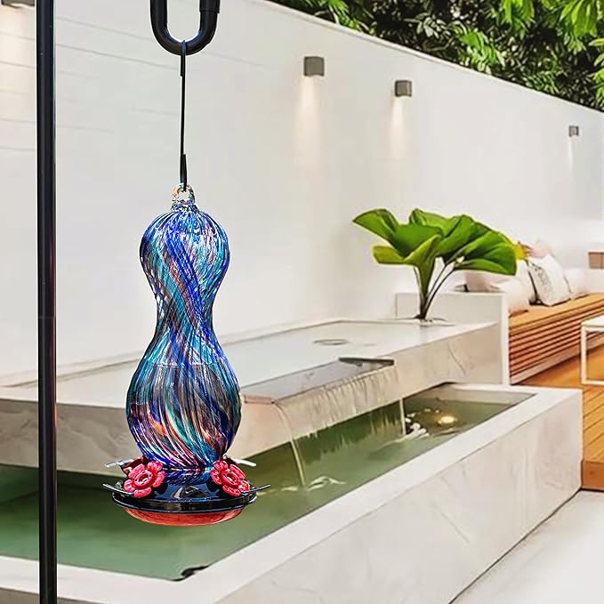 Hummingbird Feeder for Outdoors Hanging, Hand Blown Glass 24 OZ Capacity Hummingbird Bird Nectar Feeders with 4 Feeding Ports, Gifts for Women Mom Outside Garden Backyard Decor