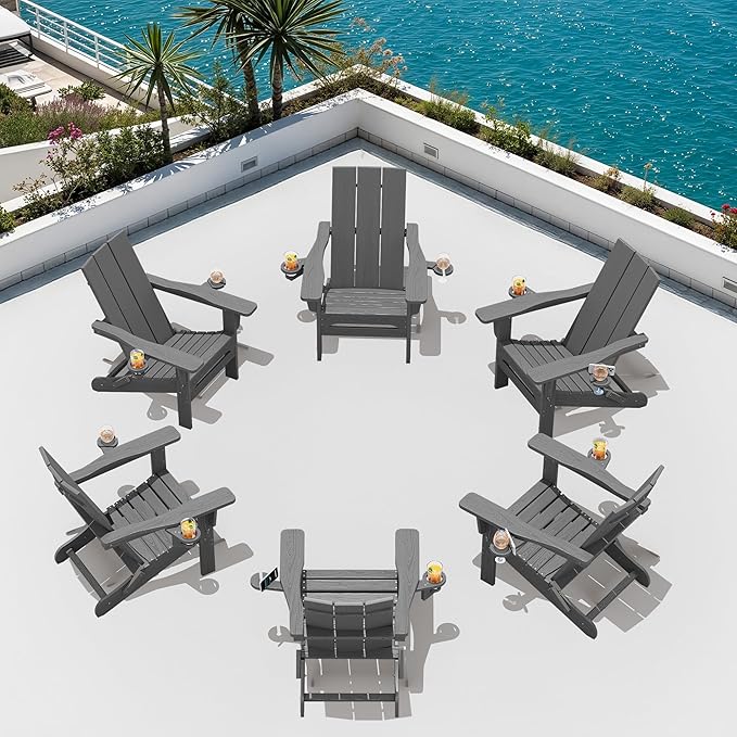 SERWALL Outdoor HDPE Adirondack Chair Set 6，Folding Adirondack Chair with Cup Holders, All Weather Resistant Modern Adirondack Chair, Gray