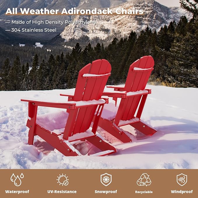 BRIOPAWS Folding-Adirondack-Chairs Set of 2 | HDPE Plastic | Fire Pit Chair | Cup Holder | Curved Back | All Weather| for Outdoor Backyard Deck Patio | Red