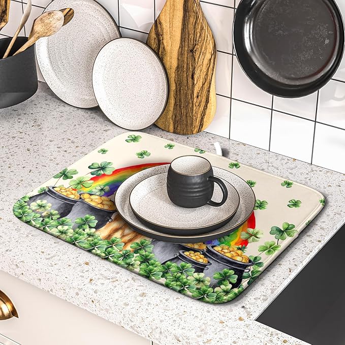 St Patricks Day Drying Mat Samll Lucky Clovers Green Kitchen Decor Counter Mats for Dog Lover