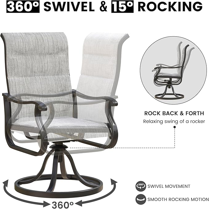 Patio Swivel Chairs Set of 4, Outdoor Dining Chairs with High Back, All-Weather Swivel Rocker Chair for Lawn, Porch or Garden (Padded Grey)