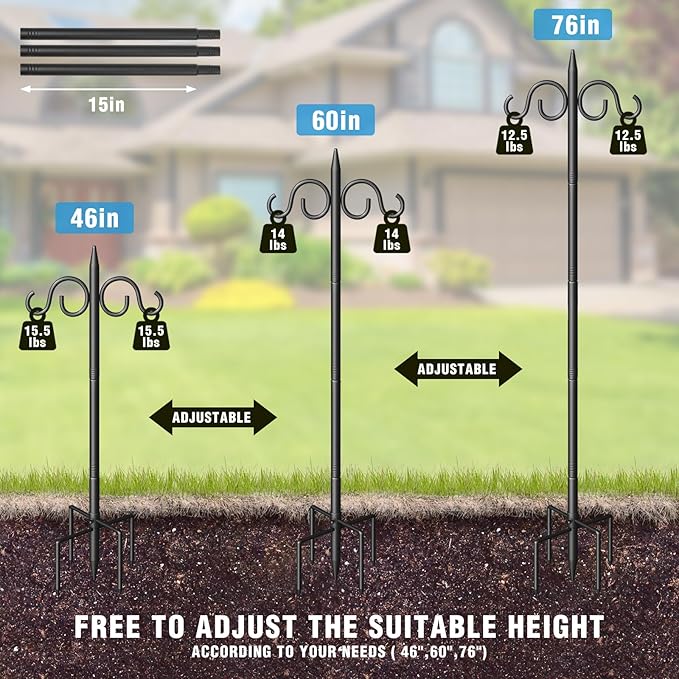 Double Shepherds Hooks for Outdoor, 76 Inch Heavy Duty Bird Feeder Pole with 5 Prongs Base, Adjustable Shepherds Hook for Bird Feeder, Garden, Weddings, Hanging Plant, 1 Pack