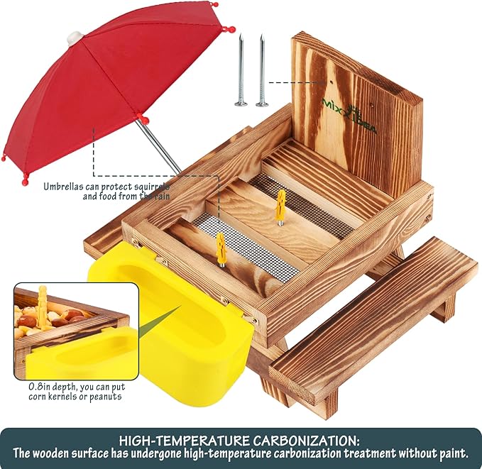 MIXXIDEA Wooden Squirrel Feeder Table with Water Bowl, Squirrel Picnic Table for Outside with Umbrella, Brown Squirrel Feeder with Corn Cob Holder Cute Chipmunk Feeder (Brown)