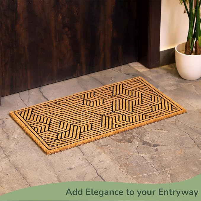 Welcome Doormats, Natural Coco Coir Mats with Non-Slip PVC Backing, Indoor Outdoor Mats for Home & Office, Floor Rugs for Door Decor, Geometric Porch Rug with Black Maze Pattern, 30"x17"